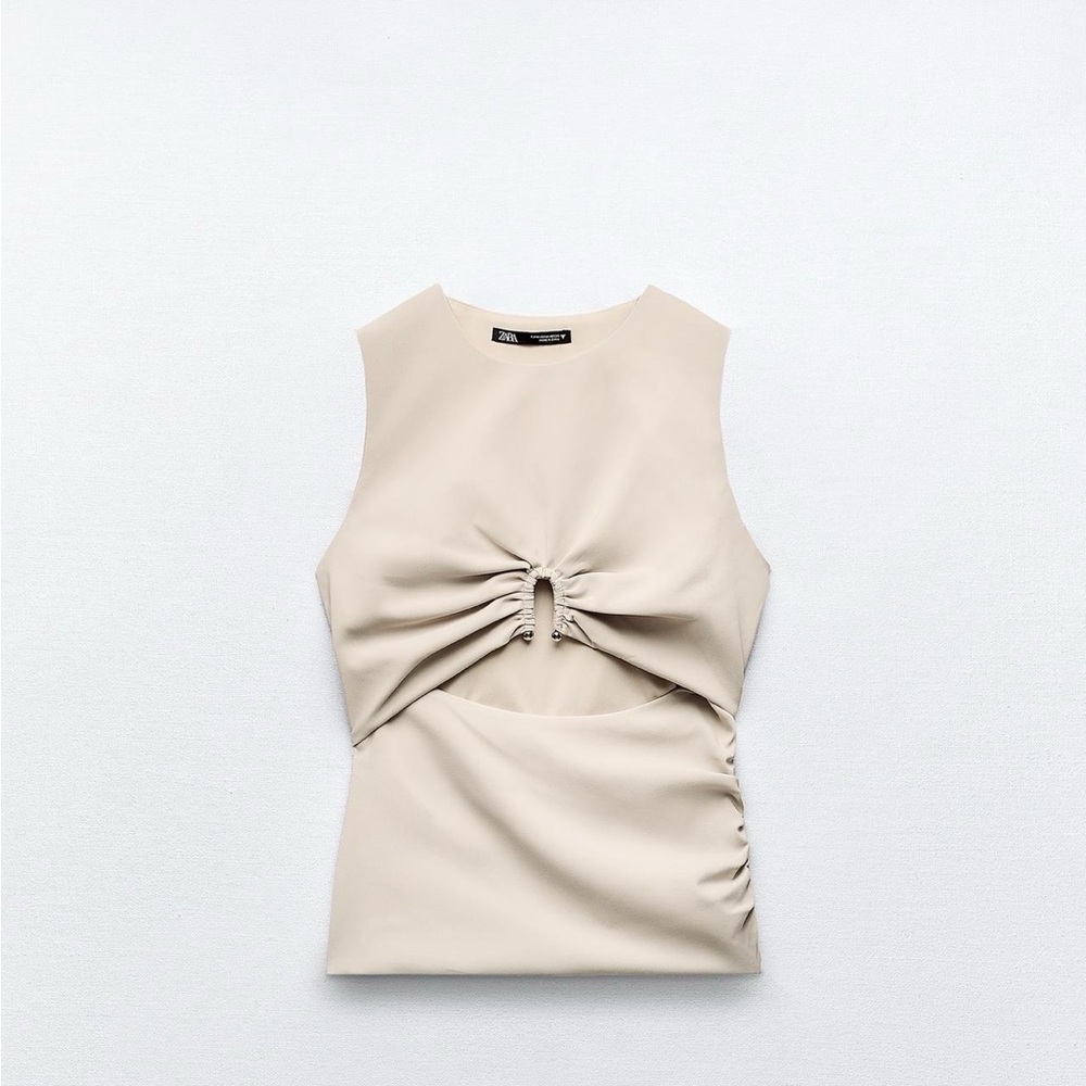 Zara Tan Sleeveless Cut Out Tie Front Tank Top